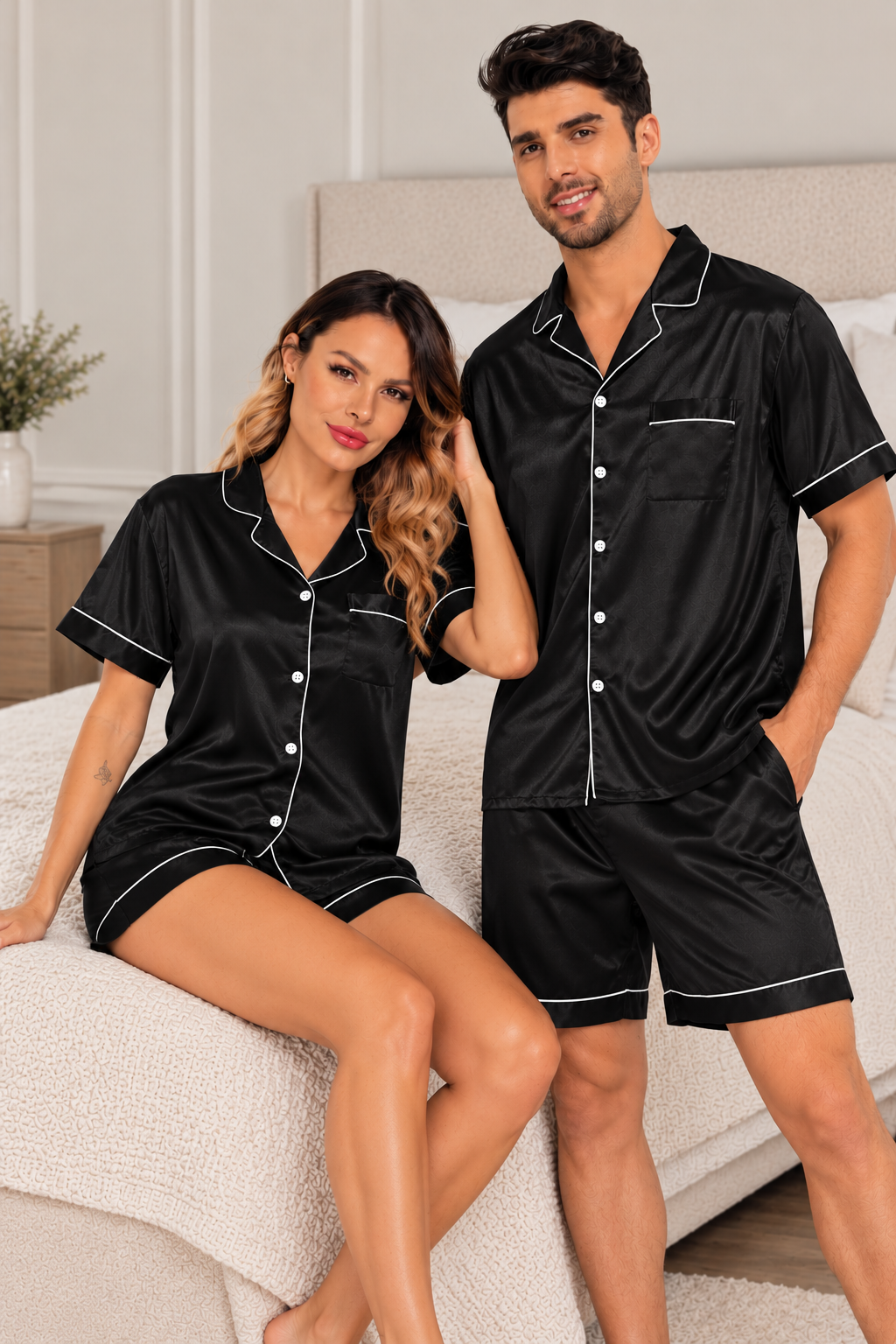 Pijama Casal 2 Peças Pijama Americano Cetim Camisa Manga Curta e Short - Preto