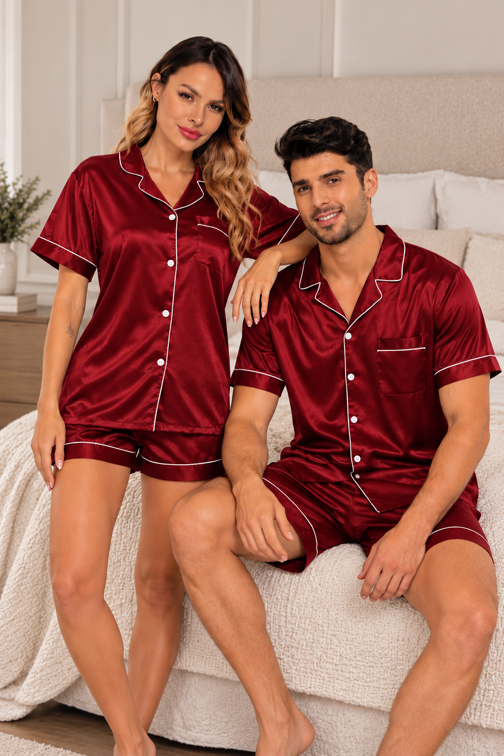 Pijama Casal 2 Peças Pijama Americano Cetim Camisa Manga Curta e Short - Vermelho