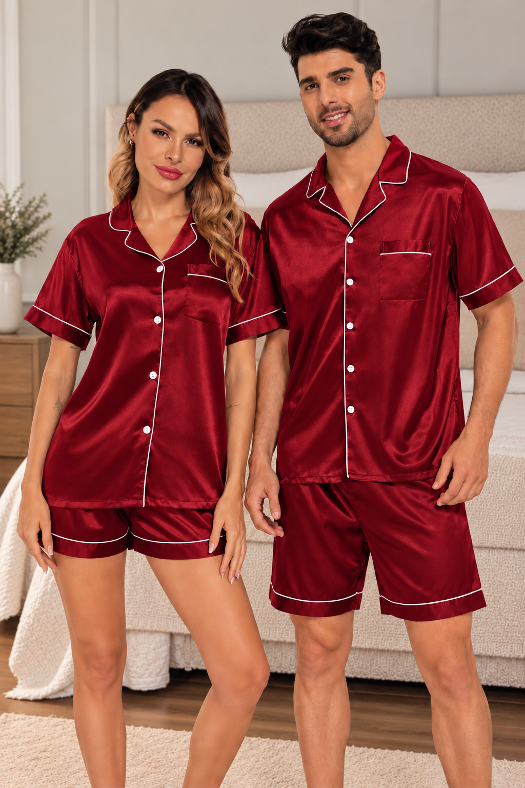 Pijama Casal 2 Peças Pijama Americano Cetim Camisa Manga Curta e Short - Vermelho