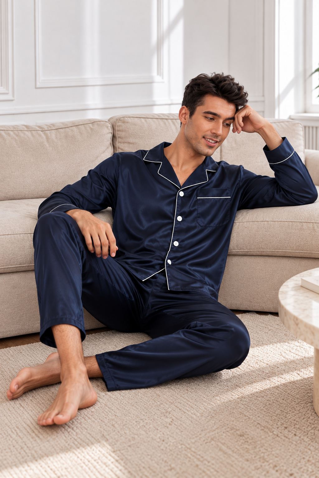 PIjama Masculino em Cetim Short e Camisa Manga Curta -Azul Marinho