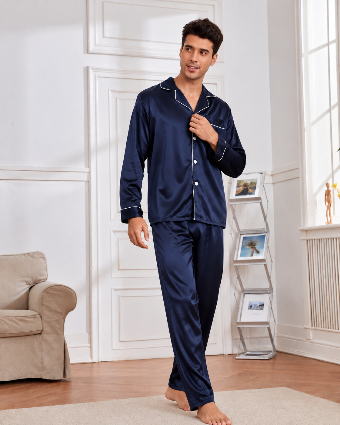 PIjama Masculino em Cetim Short e Camisa Manga Curta -Azul Marinho
