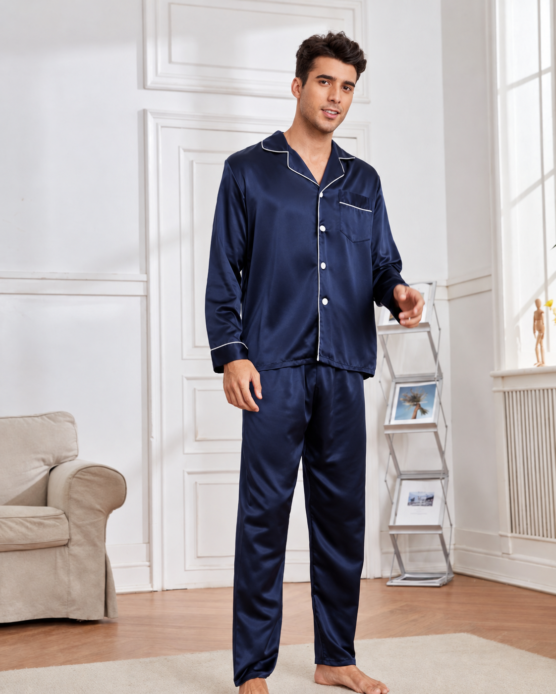 PIjama Masculino em Cetim Short e Camisa Manga Curta -Azul Marinho