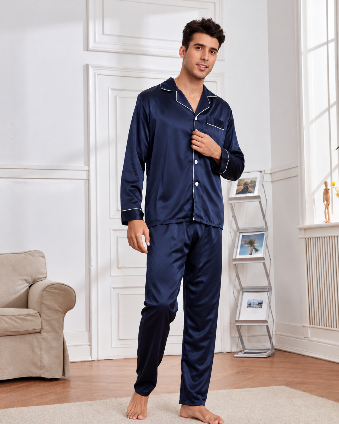 PIjama Masculino em Cetim Short e Camisa Manga Curta -Azul Marinho