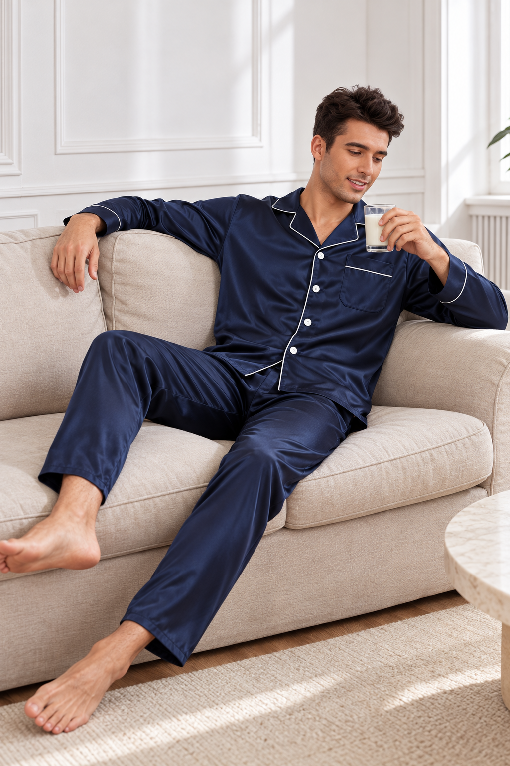 PIjama Masculino em Cetim Short e Camisa Manga Curta -Azul Marinho