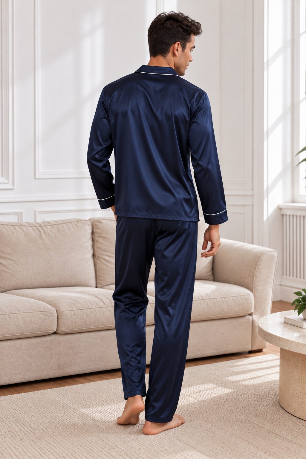 PIjama Masculino em Cetim Short e Camisa Manga Curta -Azul Marinho