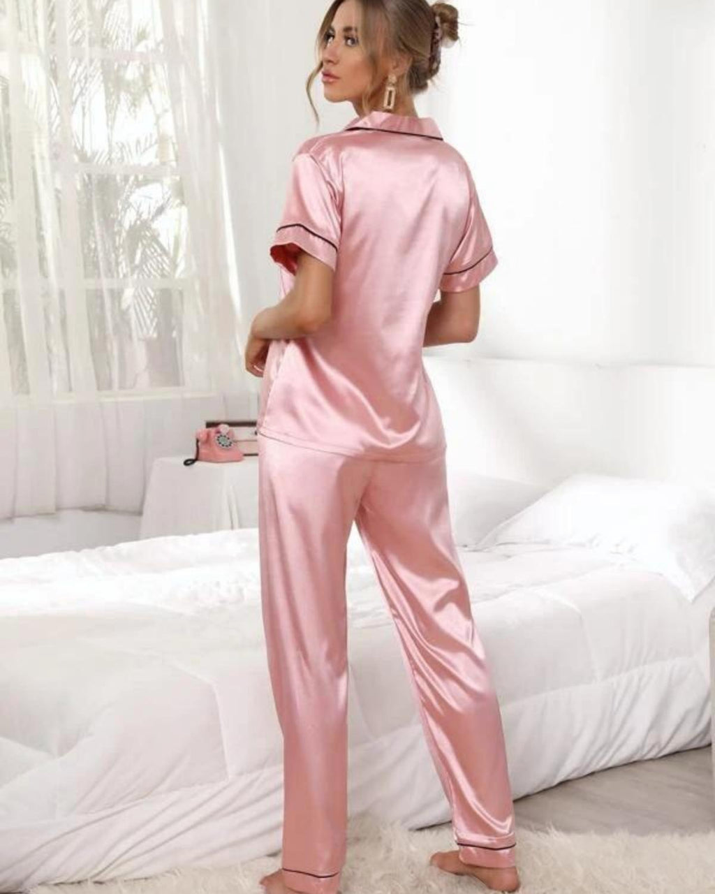Pijama Americano Feminino Cetim de Seda Calça e Manga Curta - Rosa