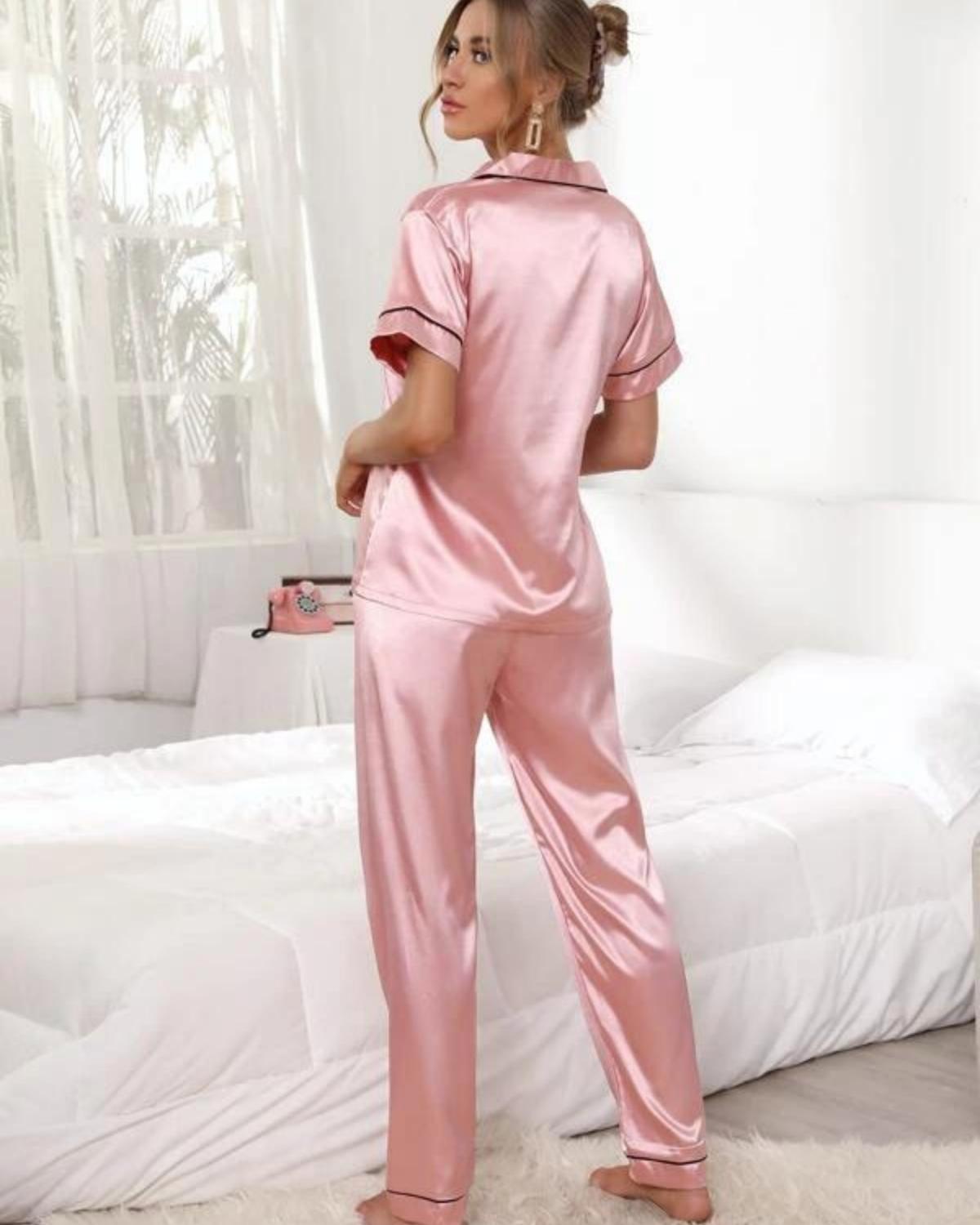 Pijama Americano Feminino Cetim de Seda Calça e Manga Curta - Rosa