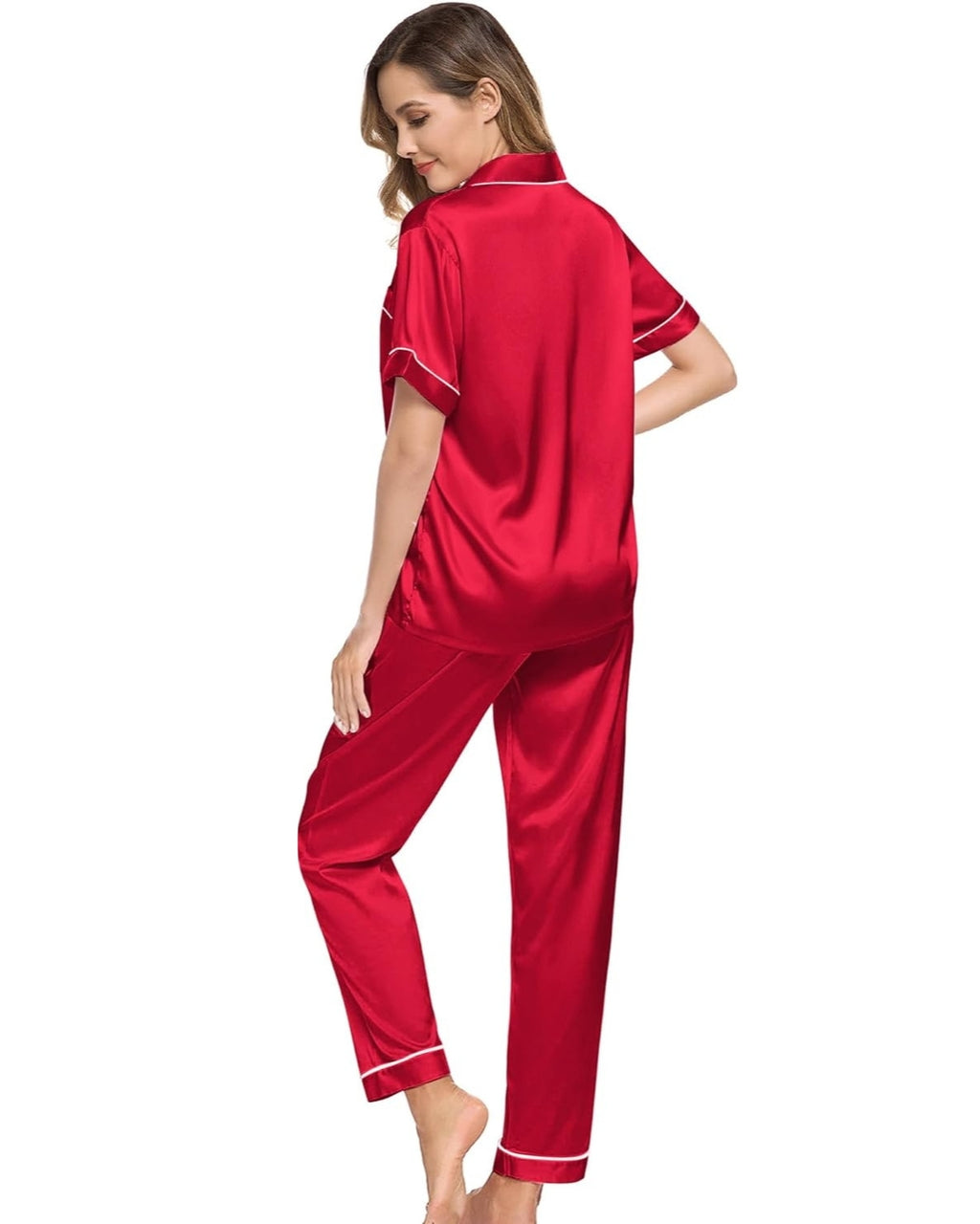 Pijama Americano Feminino Cetim Calça e Manga Curta - Vermelho
