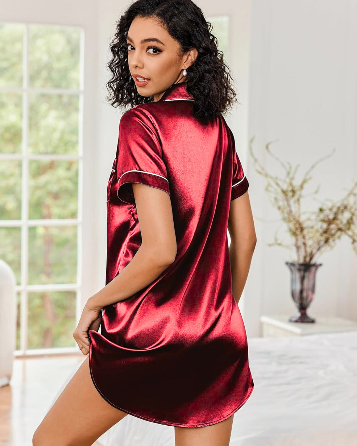 Chemise Feminina Americana Manga Curta - Vermelho