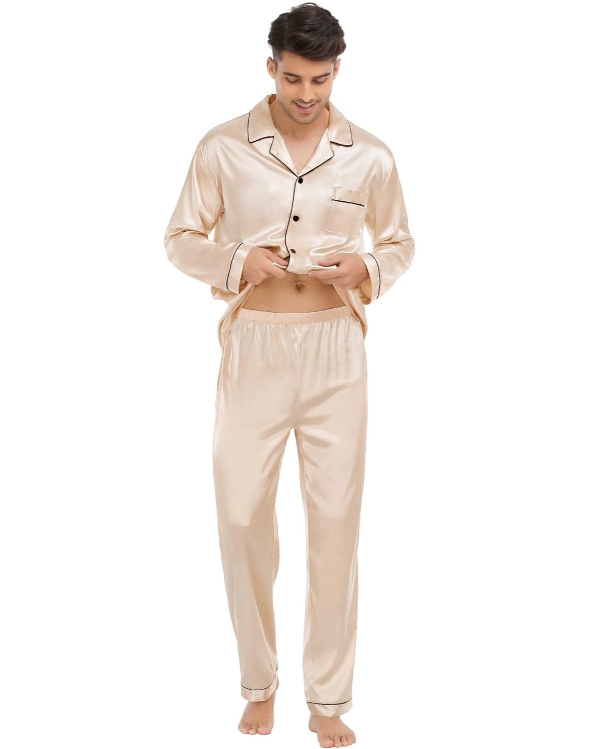 Pijama Masculino em Cetim Calça e Camisa Manga Longa - Champanhe