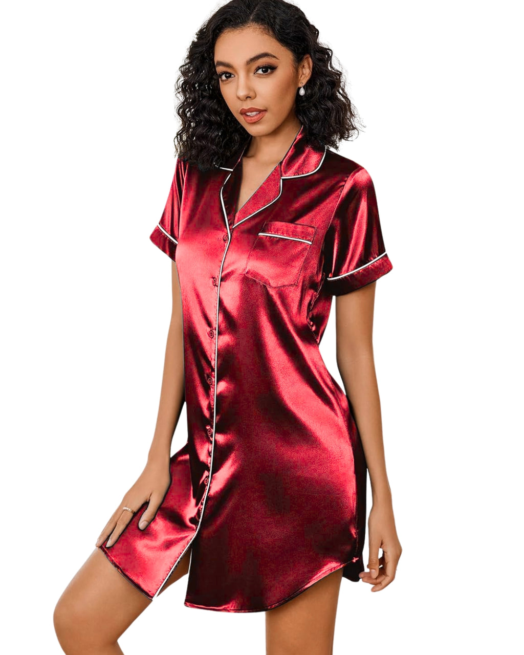Chemise Feminina Americana Manga Curta - Vermelho