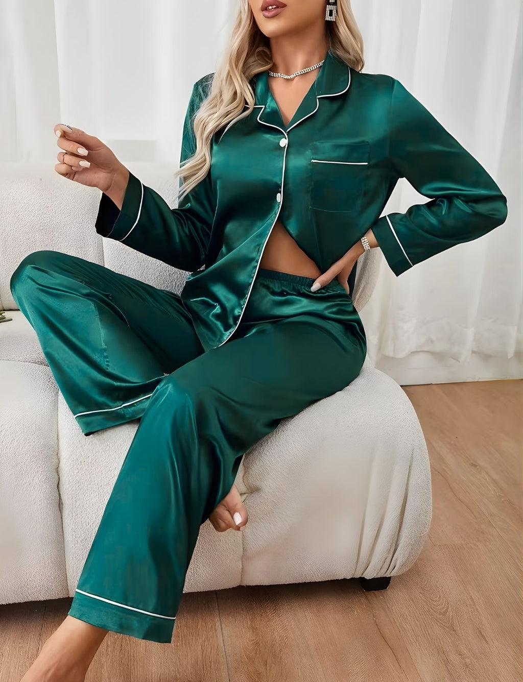 Pijama Americano Feminino Afrodite Cetim de Seda Calça e Manga Cumprida - Verde