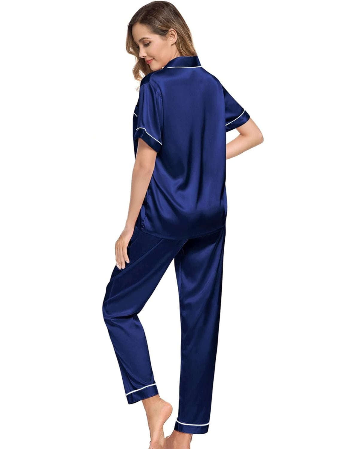 Pijama Americano Feminino Cetim Calça e Manga Curta - Azul Marinho