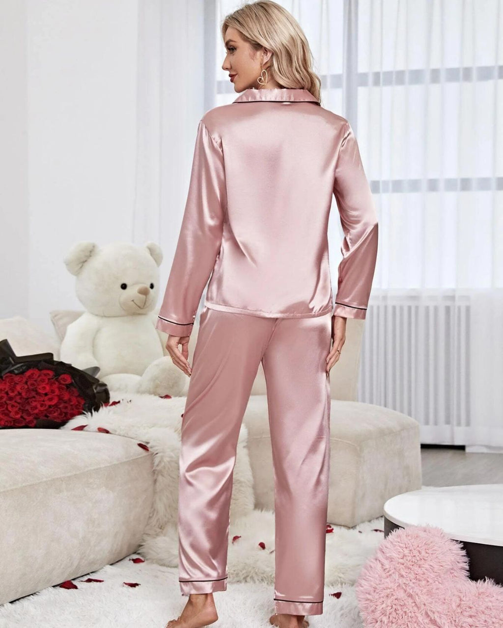 Pijama Feminino Americano Cetim de Seda Calça com Manga Longa - Rosa