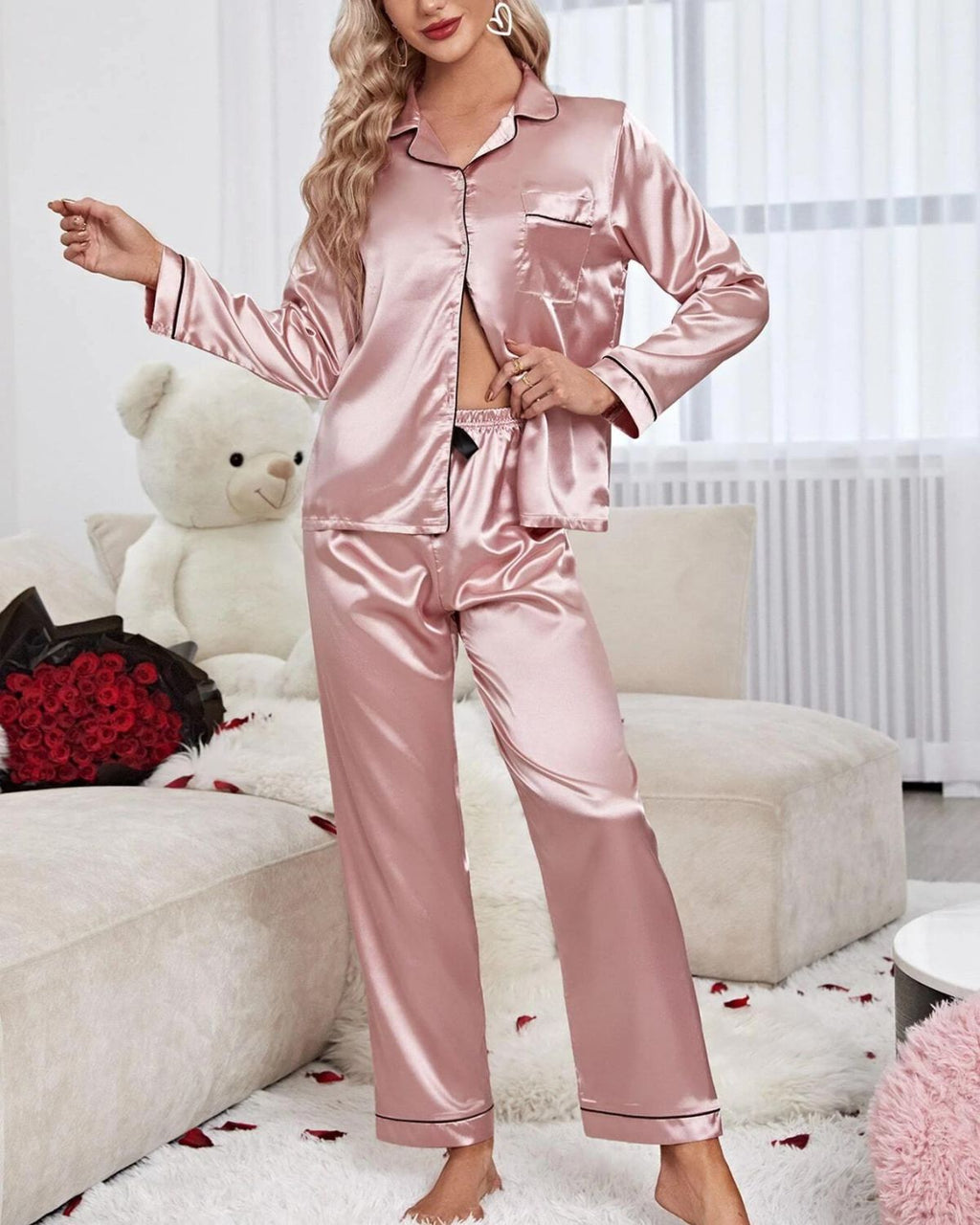 Pijama Feminino Americano Cetim de Seda Calça com Manga Longa - Rosa