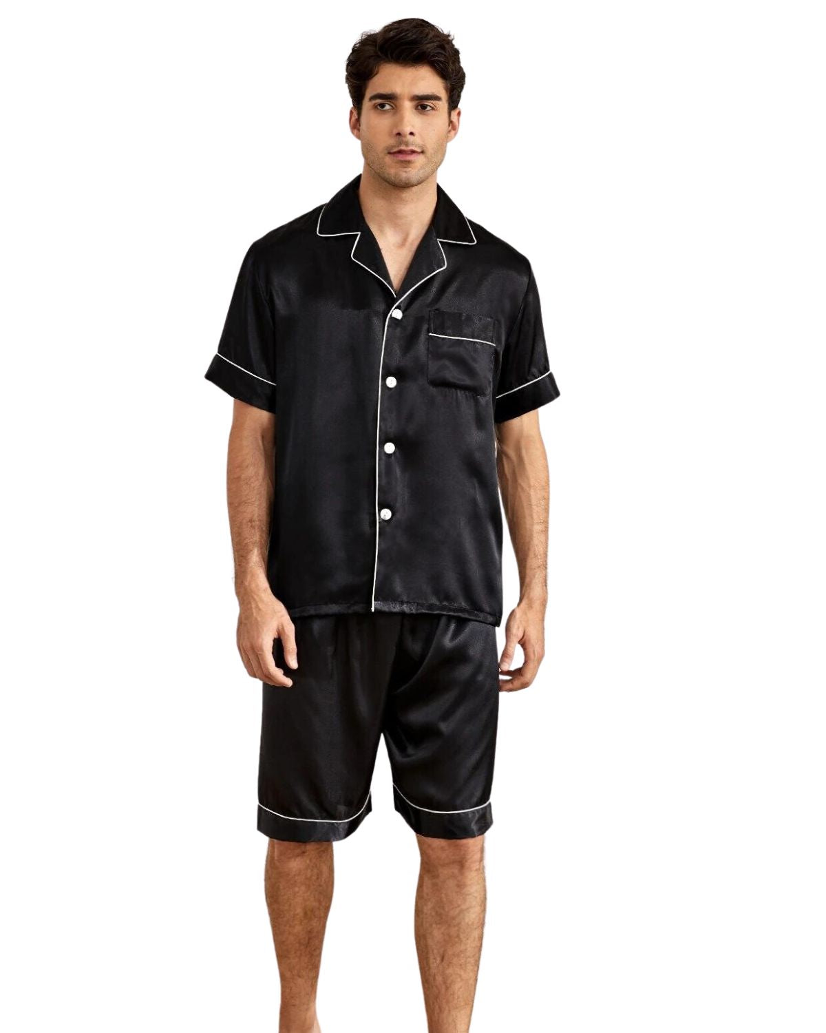 Pijama Masculino em Cetim Short e Camisa Manga Curta - Preto
