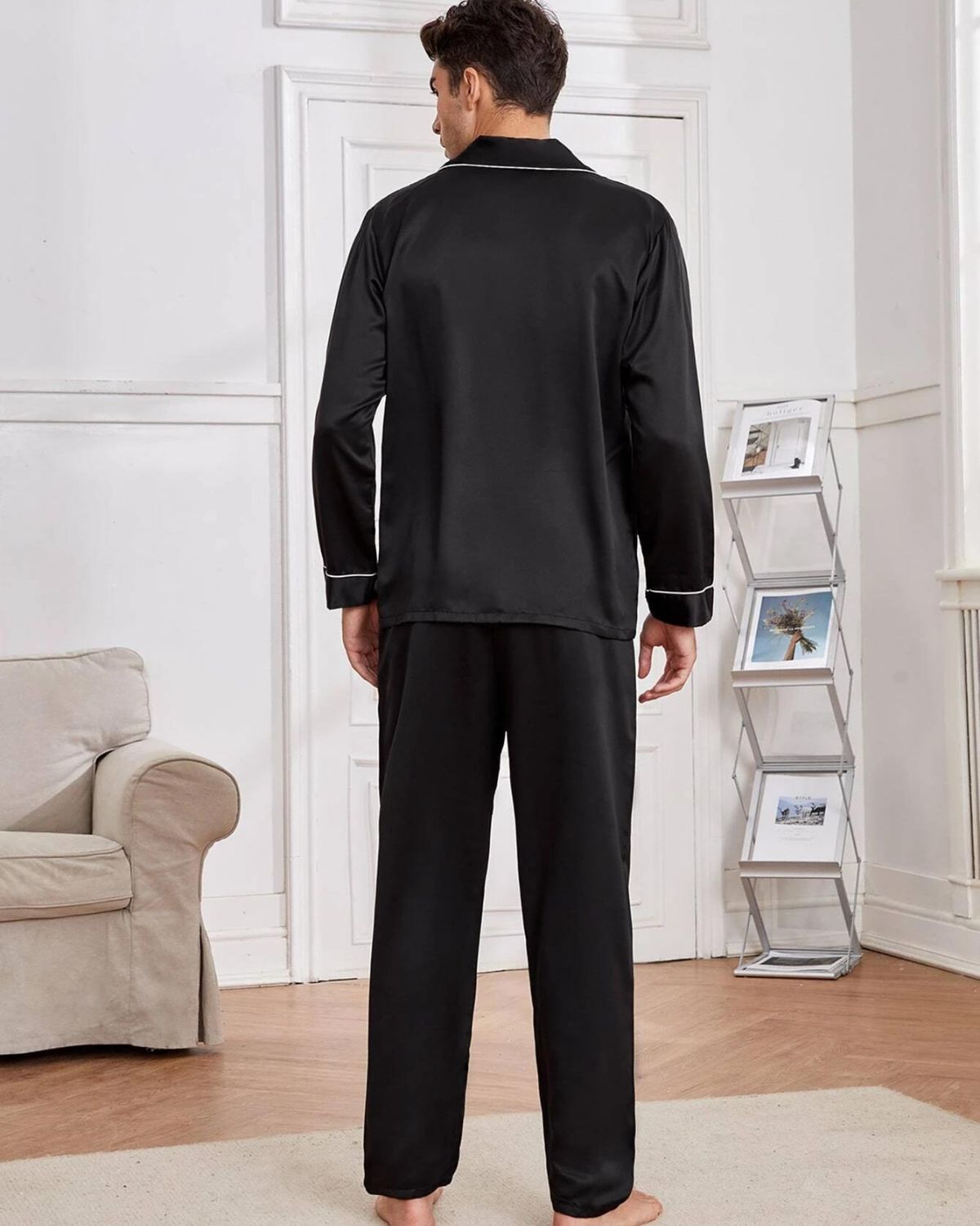 PIjama Masculino em Cetim Short e Camisa Manga Curta - Preto