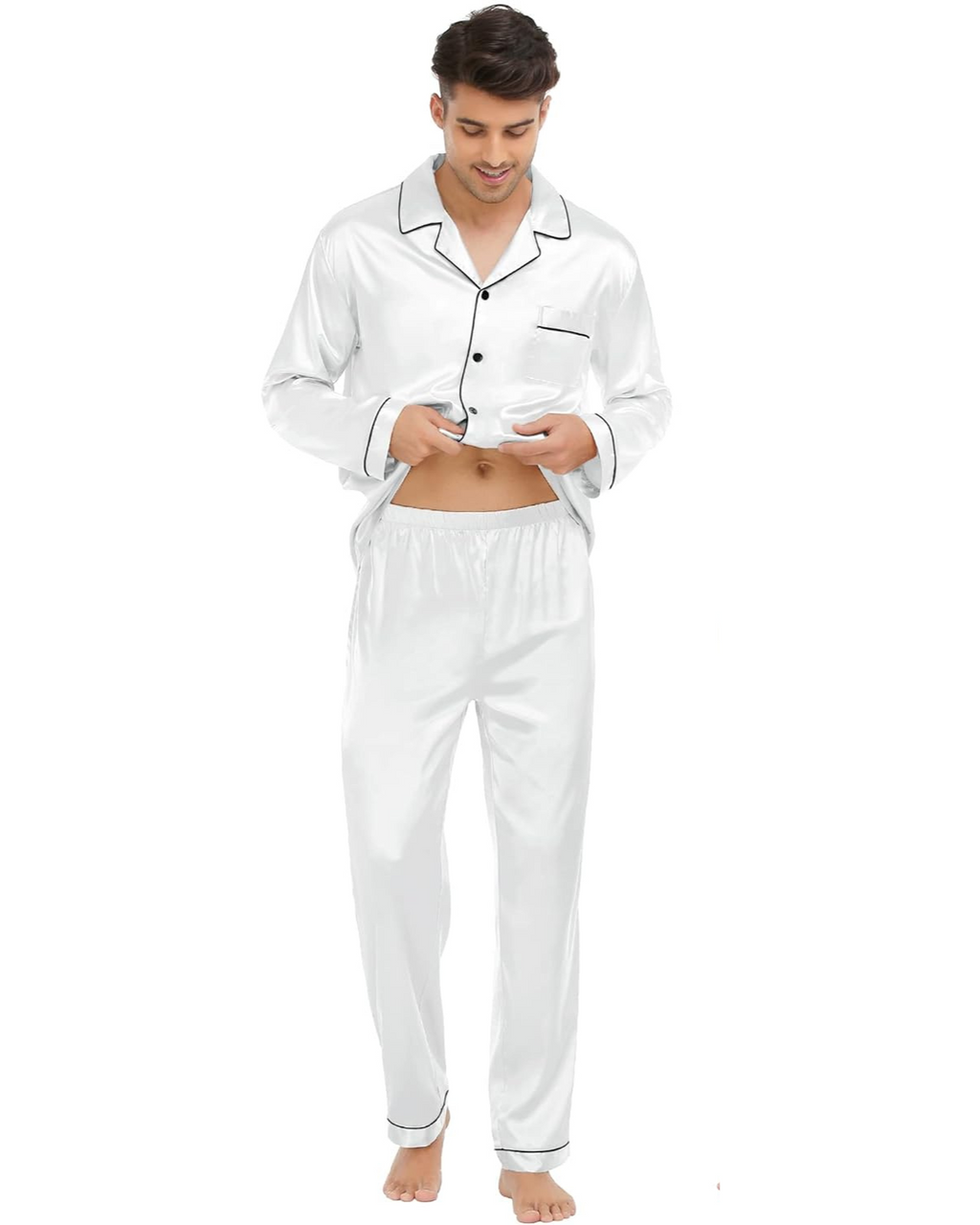 Pijama Masculino em Cetim com Elastano Calça e Camisa Manga Longa - Branco