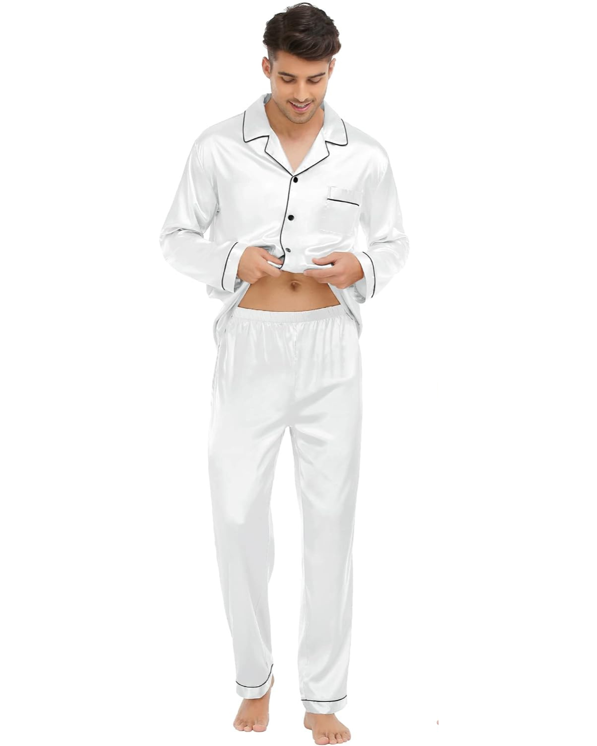 Pijama Masculino em Cetim com Elastano Calça e Camisa Manga Longa - Branco