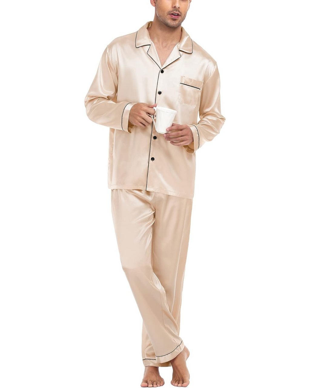 Pijama Masculino em Cetim Calça e Camisa Manga Longa - Champanhe