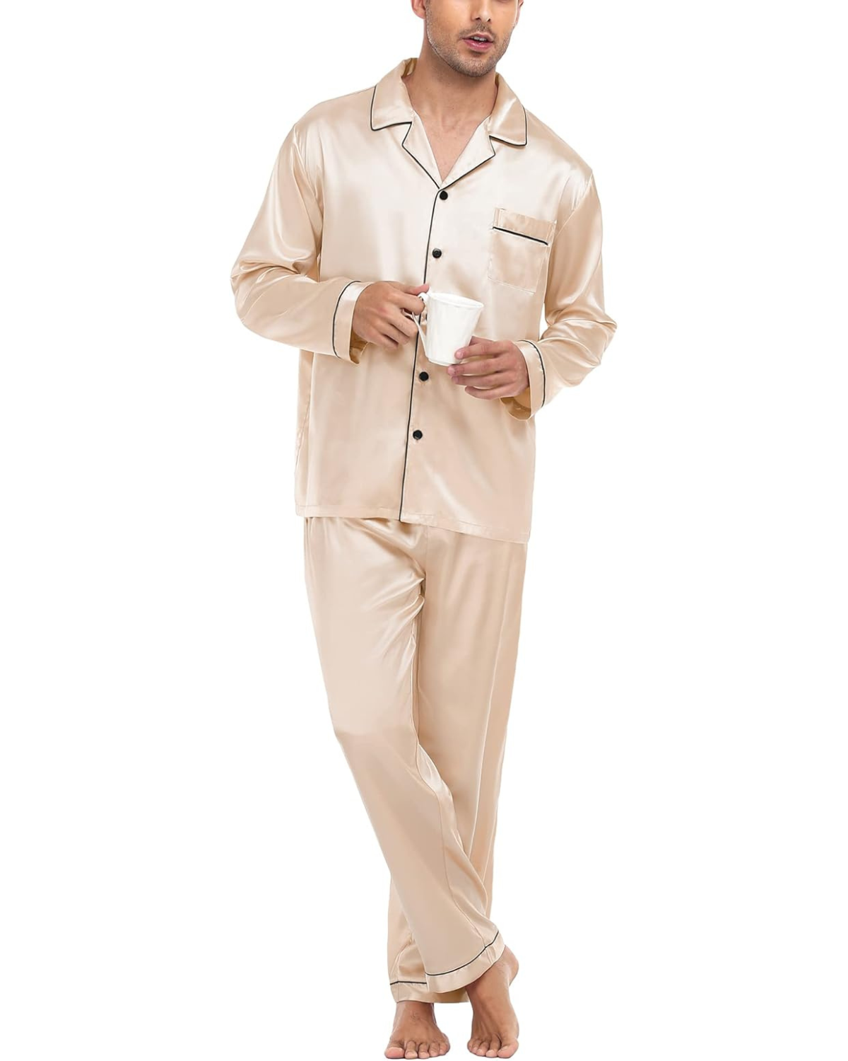 Pijama Masculino em Cetim Calça e Camisa Manga Longa - Champanhe