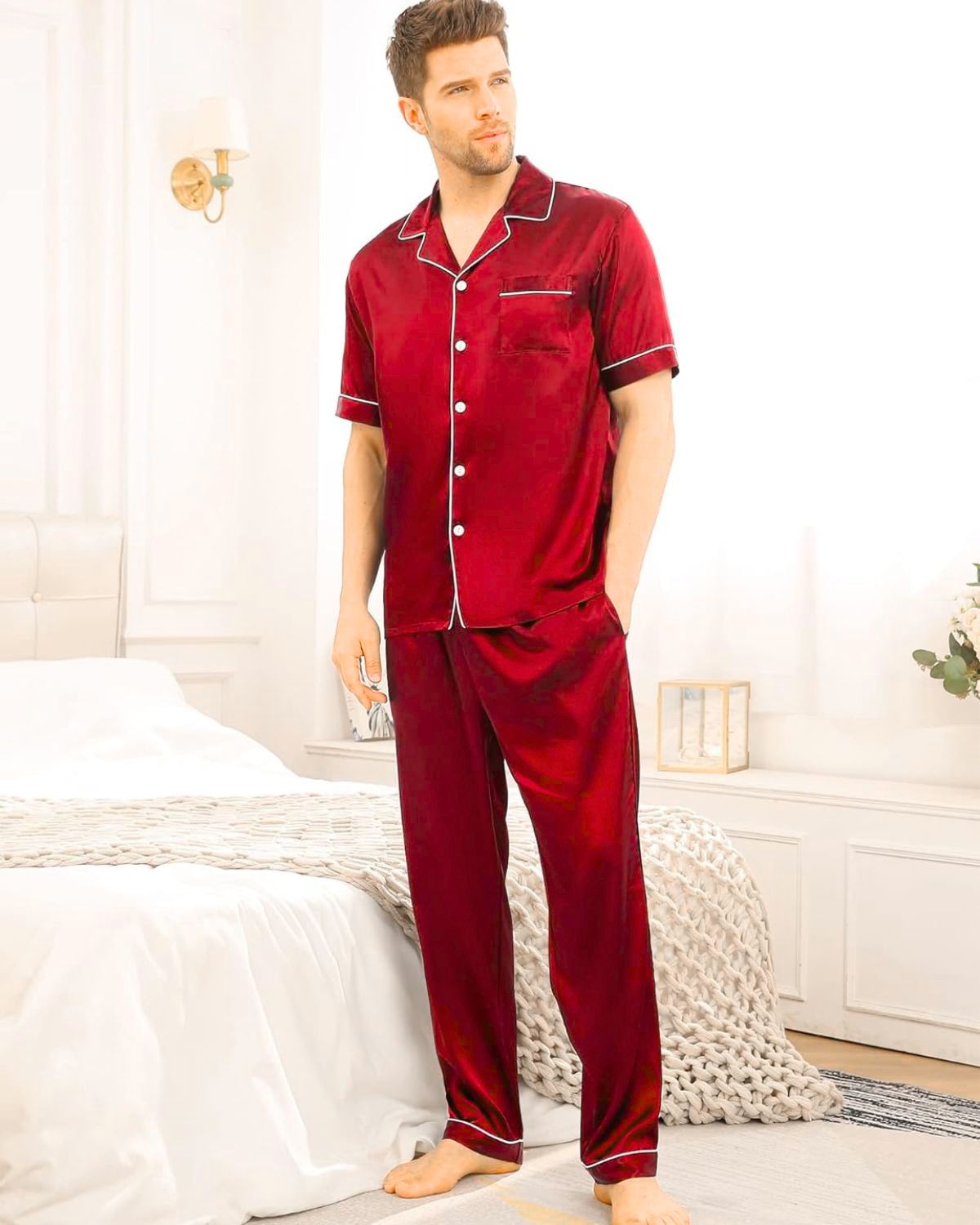 Pijama Americano Masculino Cetim Calça e Camisa Manga Curta - Vermelho