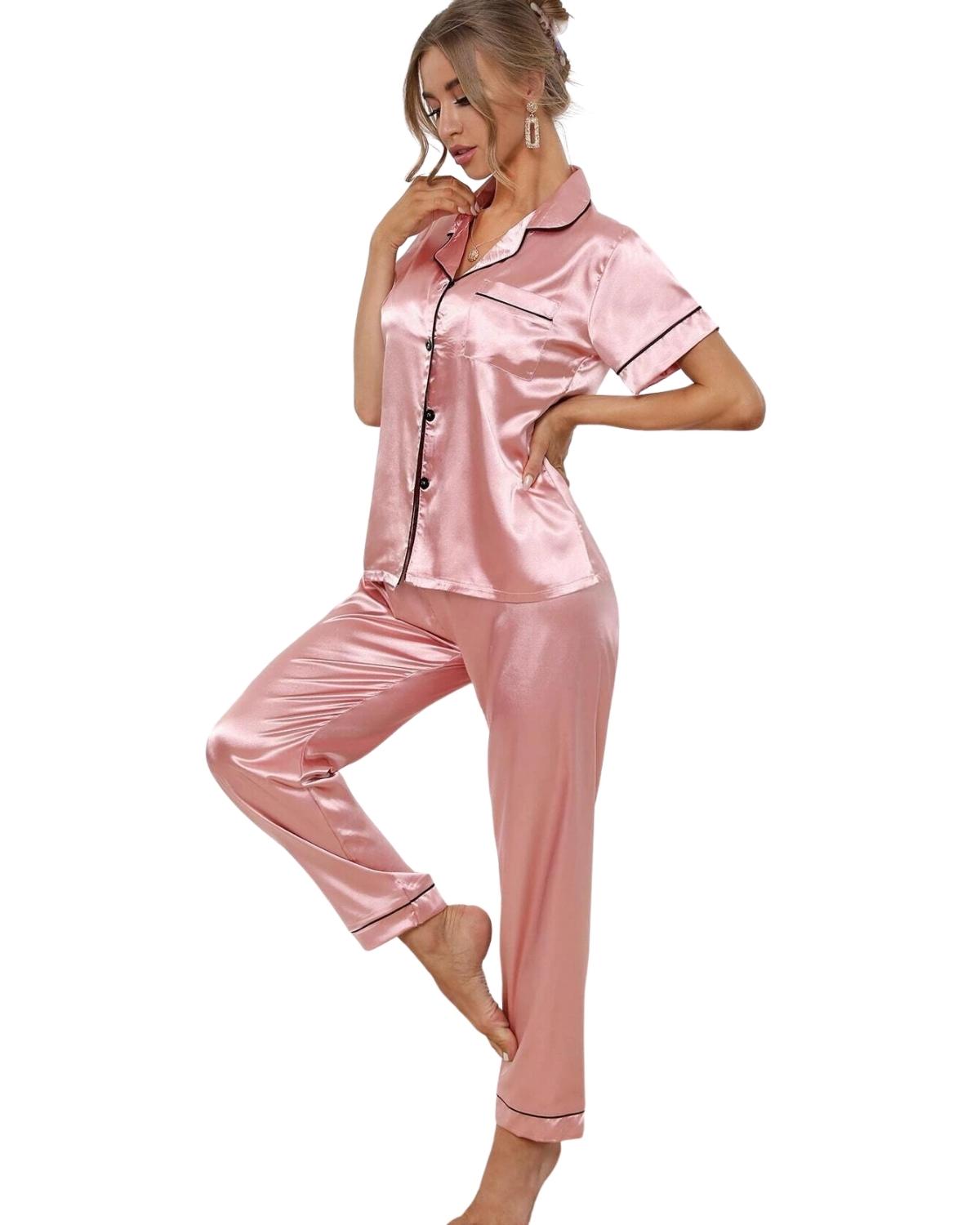 Pijama Americano Feminino Cetim de Seda Calça e Manga Curta - Rosa