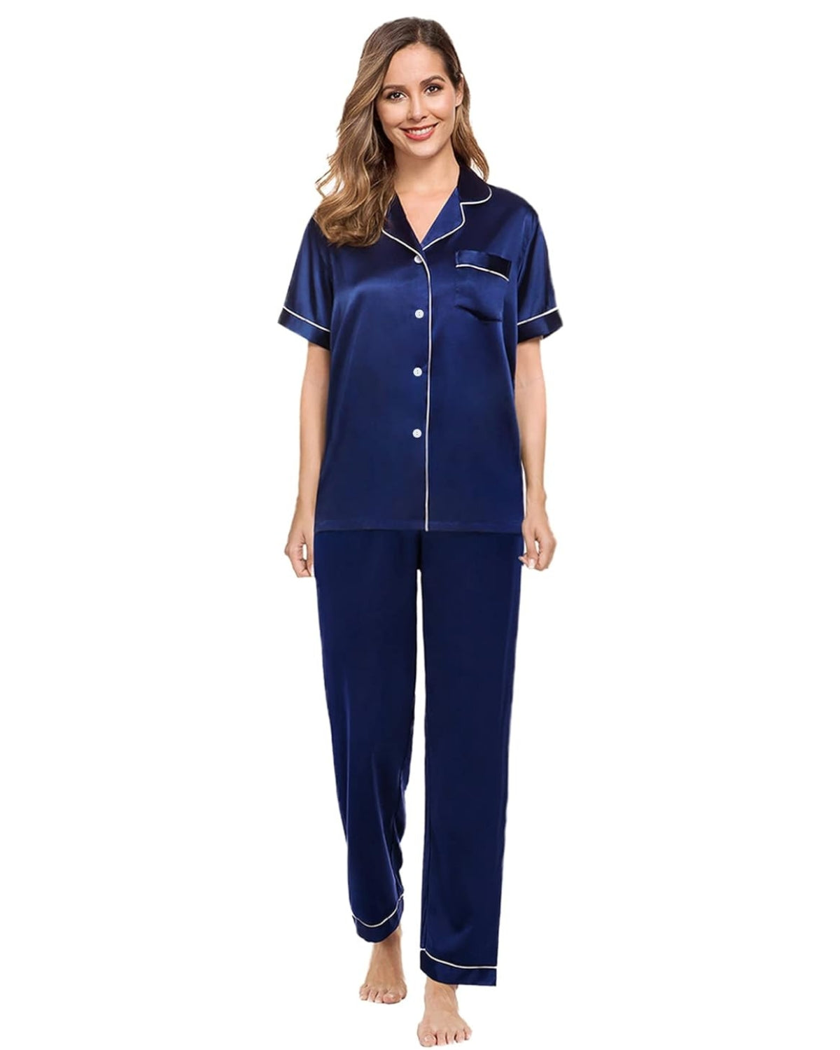 Pijama Americano Feminino Cetim Calça e Manga Curta - Azul Marinho