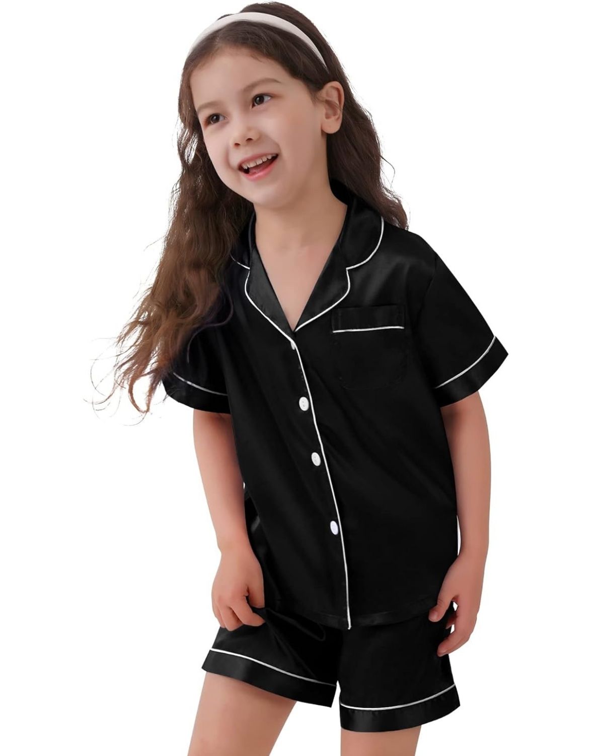 Pijama Infantil Americano Unissex Short e Camisa Manga Curta botões e Bolso - Preto