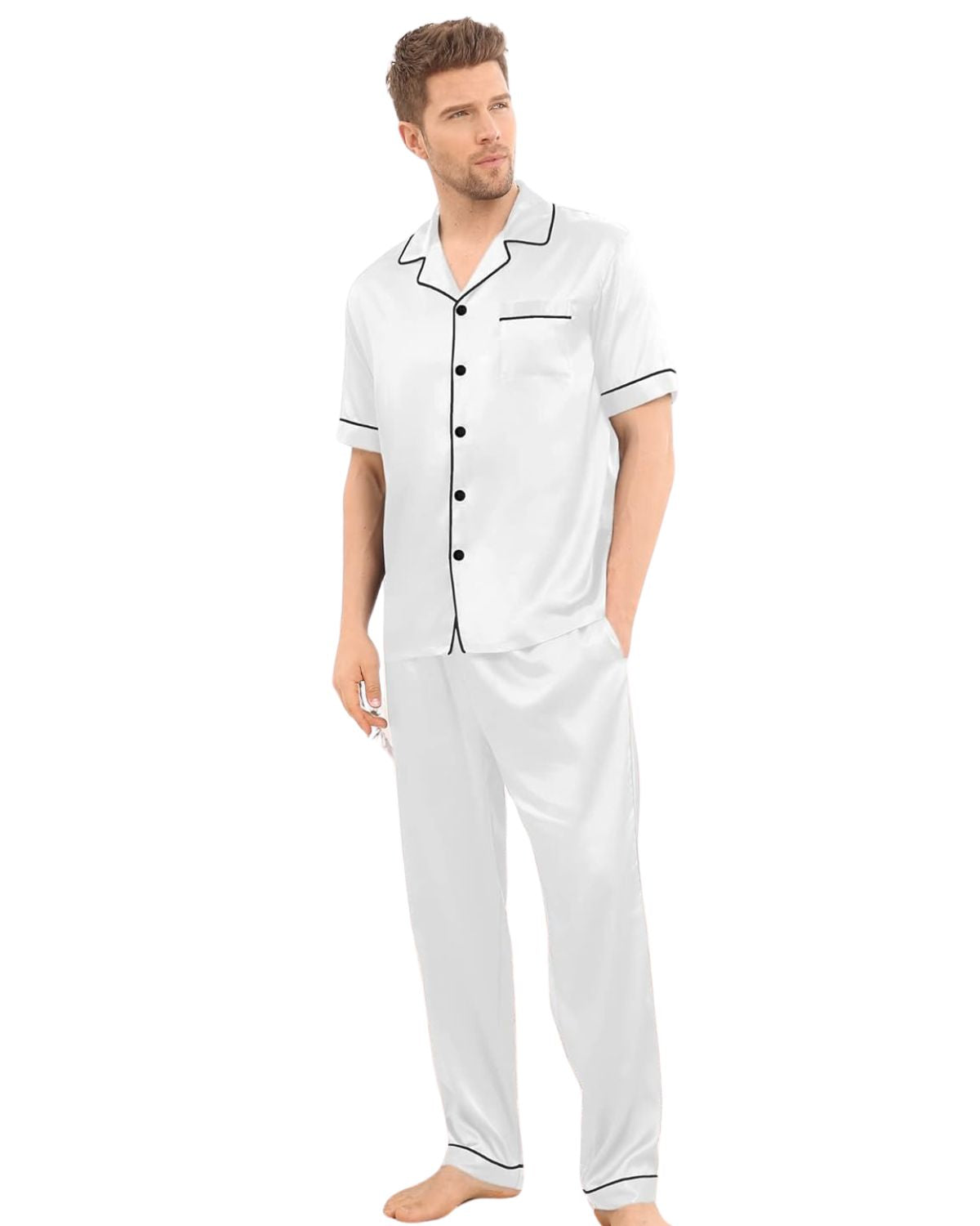 Pijama Americano Masculino Cetim Calça e Camisa Manga Curta - Branco