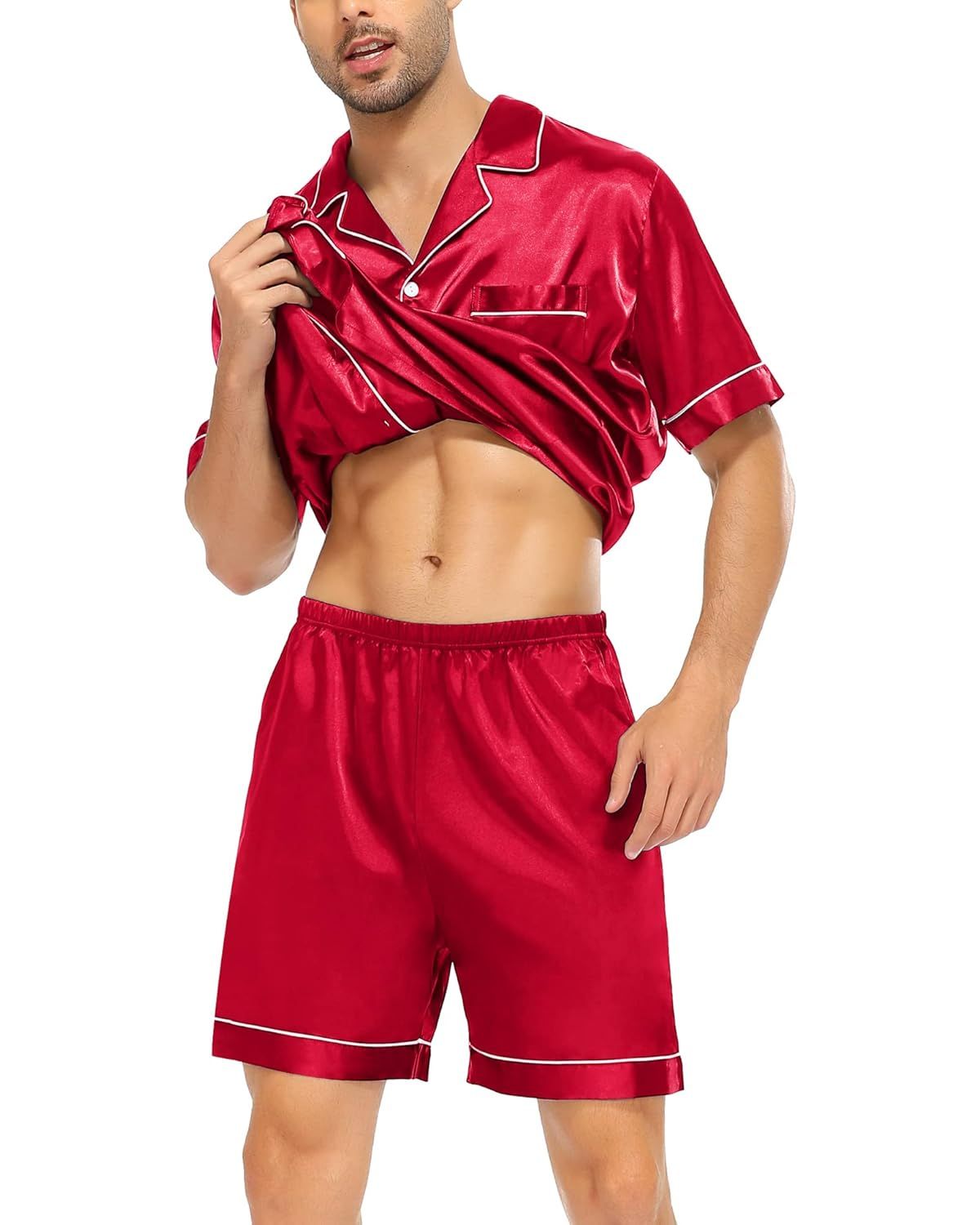Pijama Masculino em Cetim Short e Camisa Manga Curta - Vermelho