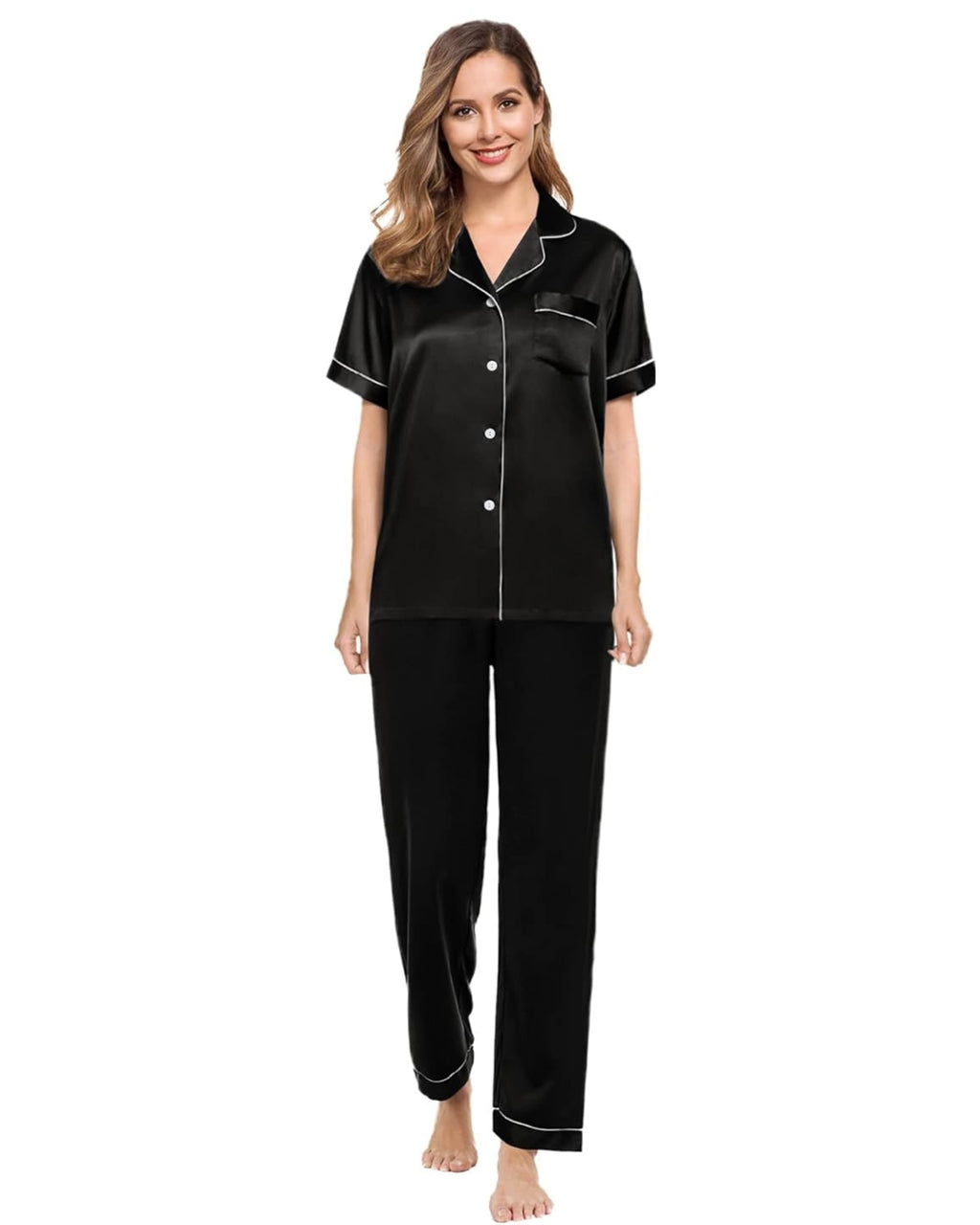 Pijama Americano Feminino Cetim de Seda Meia Estação Calça e Manga Curta com bolso e botões - Preto