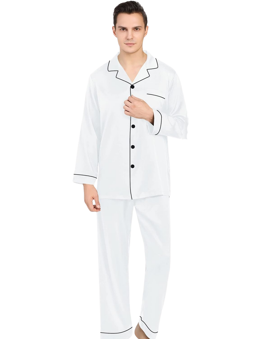 Pijama Masculino em Cetim com Elastano Calça e Camisa Manga Longa - Branco