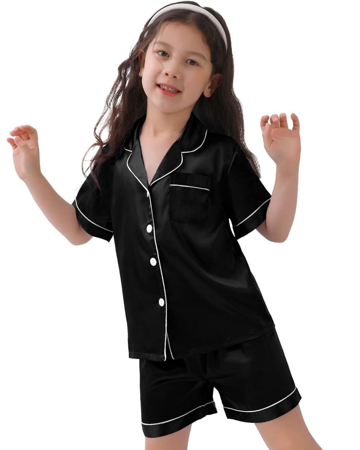 Pijama Infantil Americano Unissex Short e Camisa Manga Curta botões e Bolso - Preto